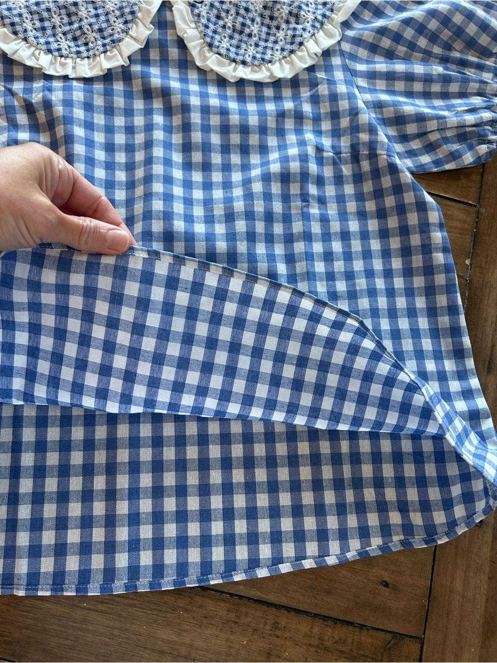 VOY Boutique Blue Gingham Checkered Collared Puff Sleeve Blouse S - Picture 5 of 8